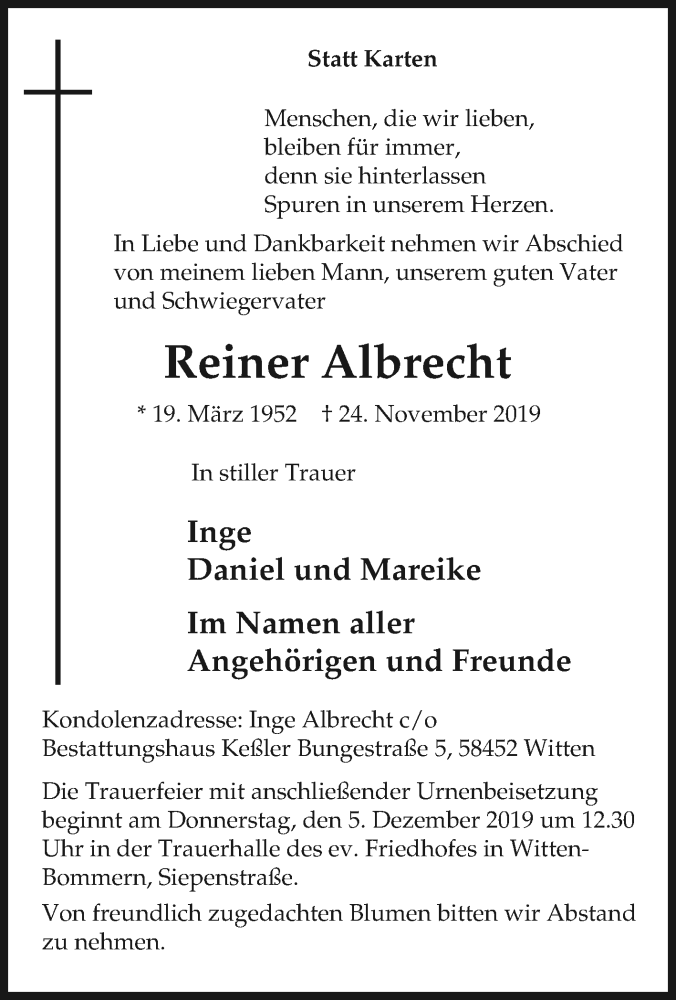  Traueranzeige für Reiner Albrecht vom 02.12.2019 aus Tageszeitung