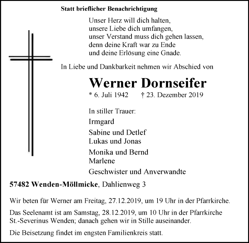  Traueranzeige für Werner Dornseifer vom 27.12.2019 aus Tageszeitung
