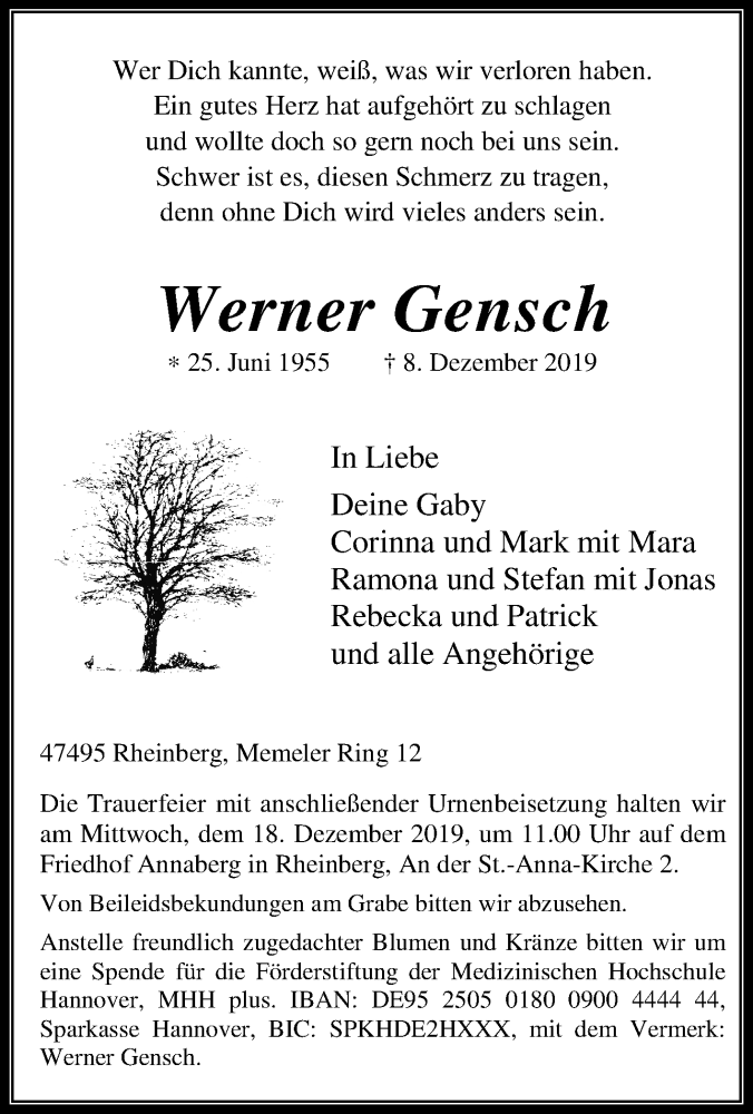  Traueranzeige für Werner Gensch vom 14.12.2019 aus Tageszeitung