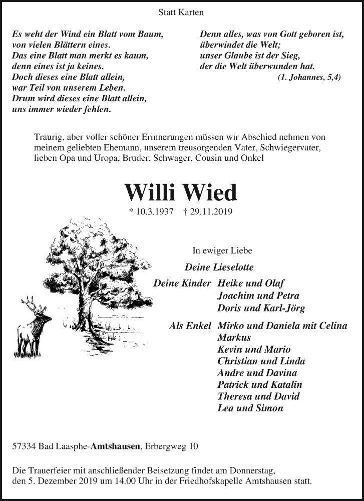  Traueranzeige für Willi Wied vom 02.12.2019 aus Tageszeitung
