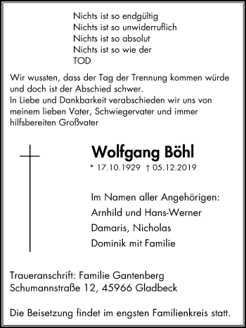 Traueranzeige von Wolfgang Böhl von waz