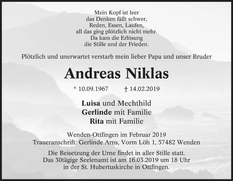  Traueranzeige für Andreas Niklas vom 20.02.2019 aus Tageszeitung