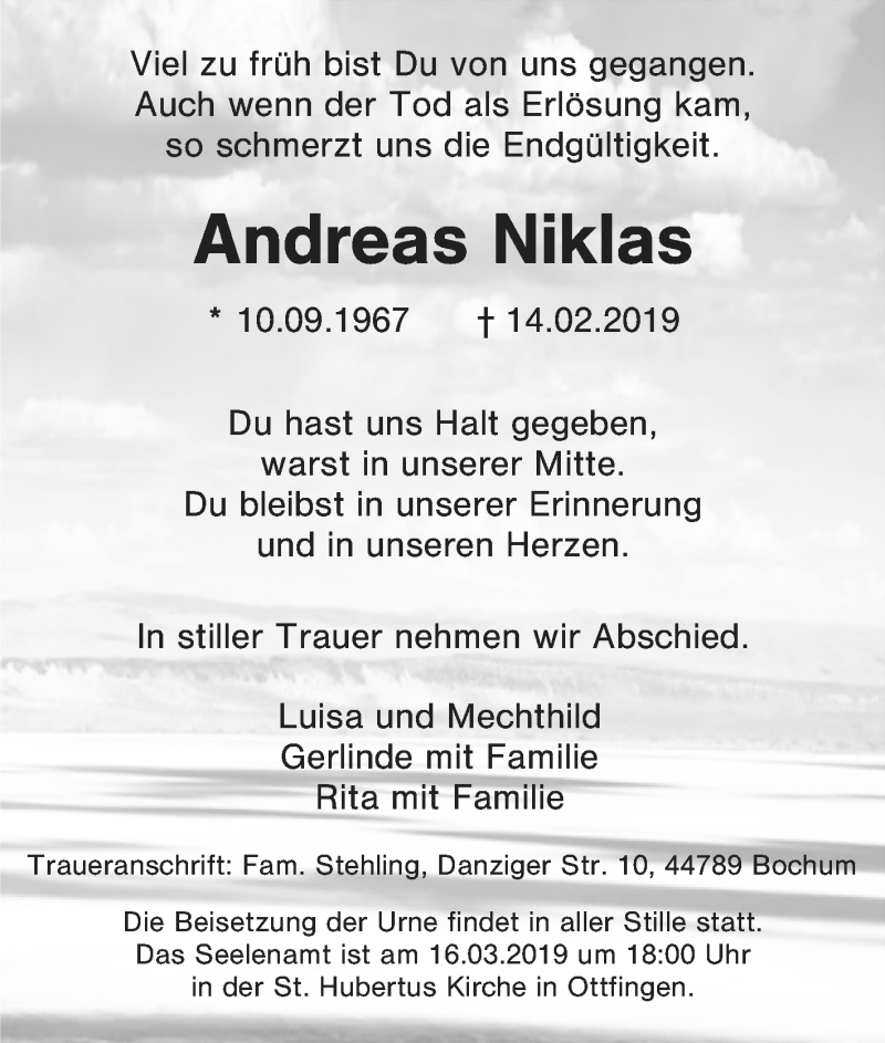  Traueranzeige für Andreas Niklas vom 23.02.2019 aus Tageszeitung