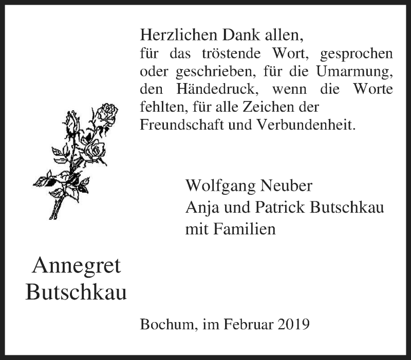  Traueranzeige für Annegret Butschkau vom 13.02.2019 aus Tageszeitung
