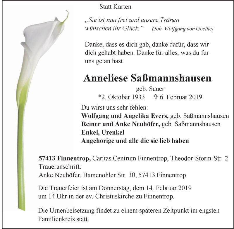  Traueranzeige für Anneliese Saßmannshausen vom 08.02.2019 aus Tageszeitung