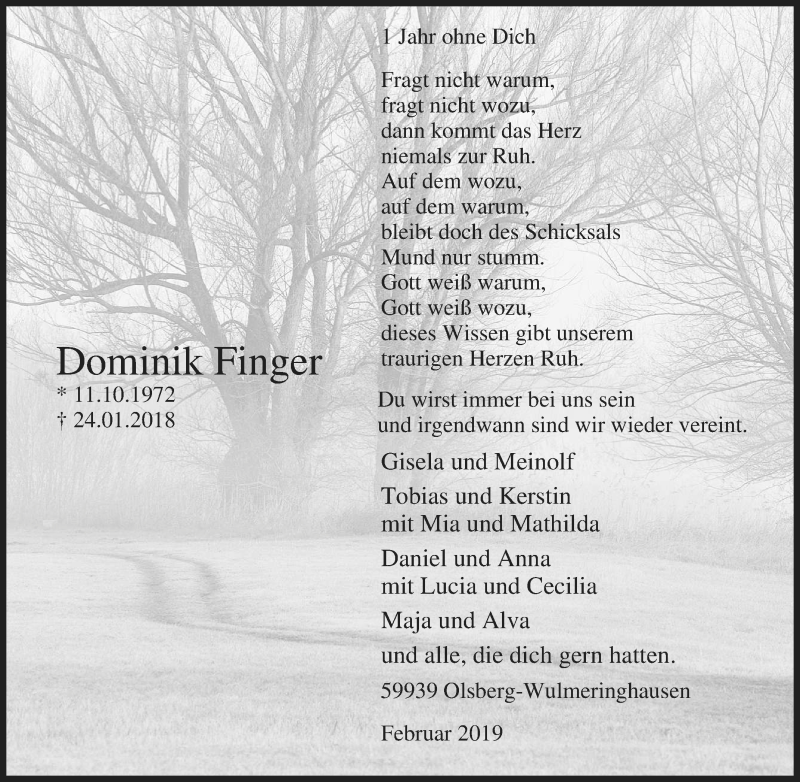  Traueranzeige für Dominik Finger vom 09.02.2019 aus Tageszeitung