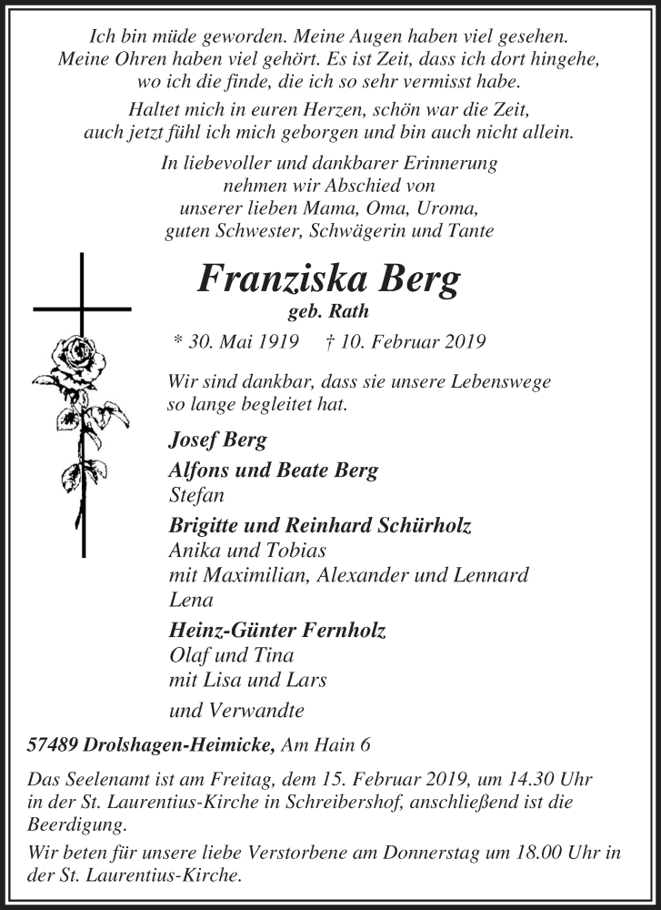  Traueranzeige für Franziska Berg vom 12.02.2019 aus waz