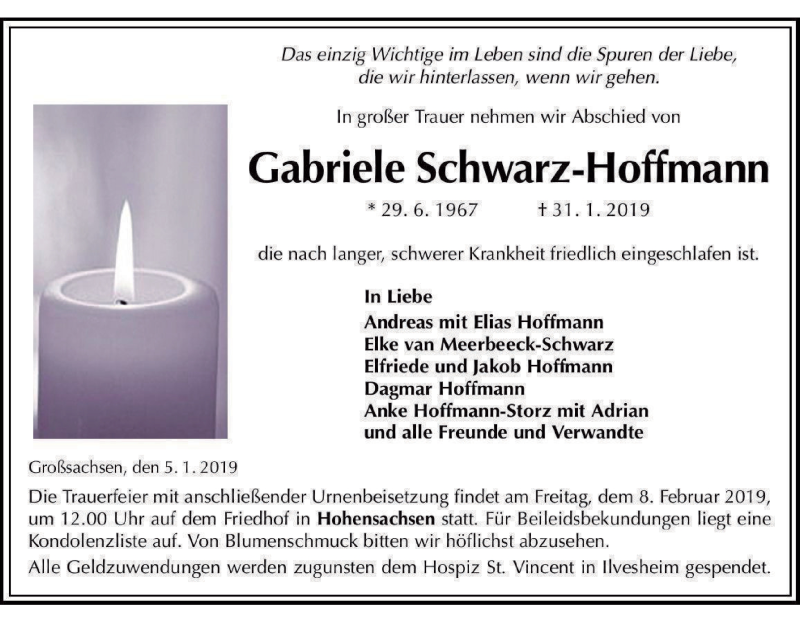  Traueranzeige für Gabriele Schwarz-Hoffmann vom 06.02.2019 aus Tageszeitung