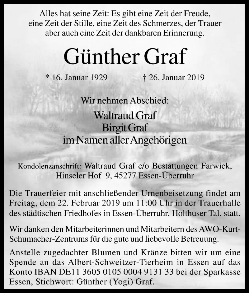  Traueranzeige für Günther Graf vom 16.02.2019 aus Tageszeitung