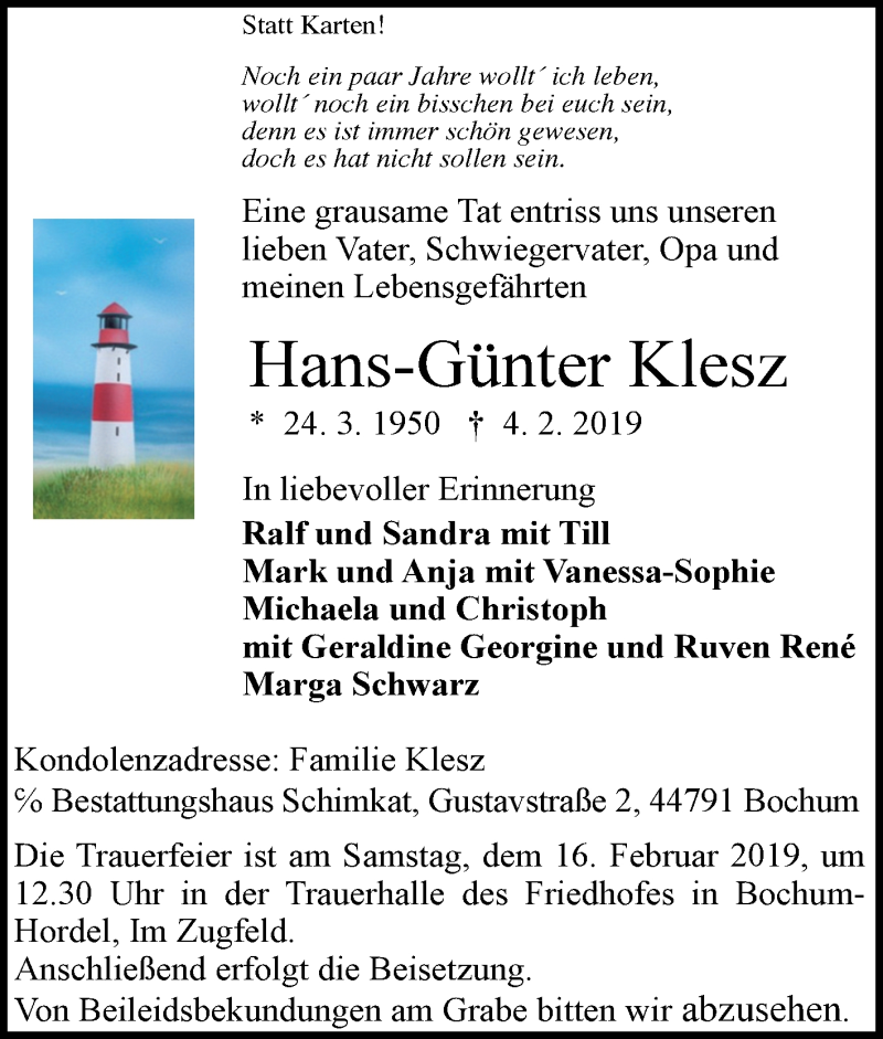  Traueranzeige für Hans-Günter Klesz vom 11.02.2019 aus Tageszeitung