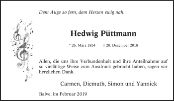 Traueranzeige von Hedwig Püttmann von Tageszeitung