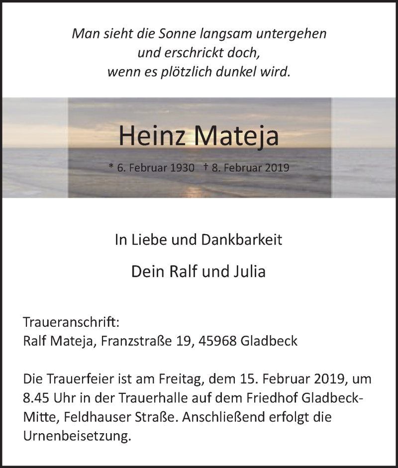  Traueranzeige für Heinz Mateja vom 13.02.2019 aus waz