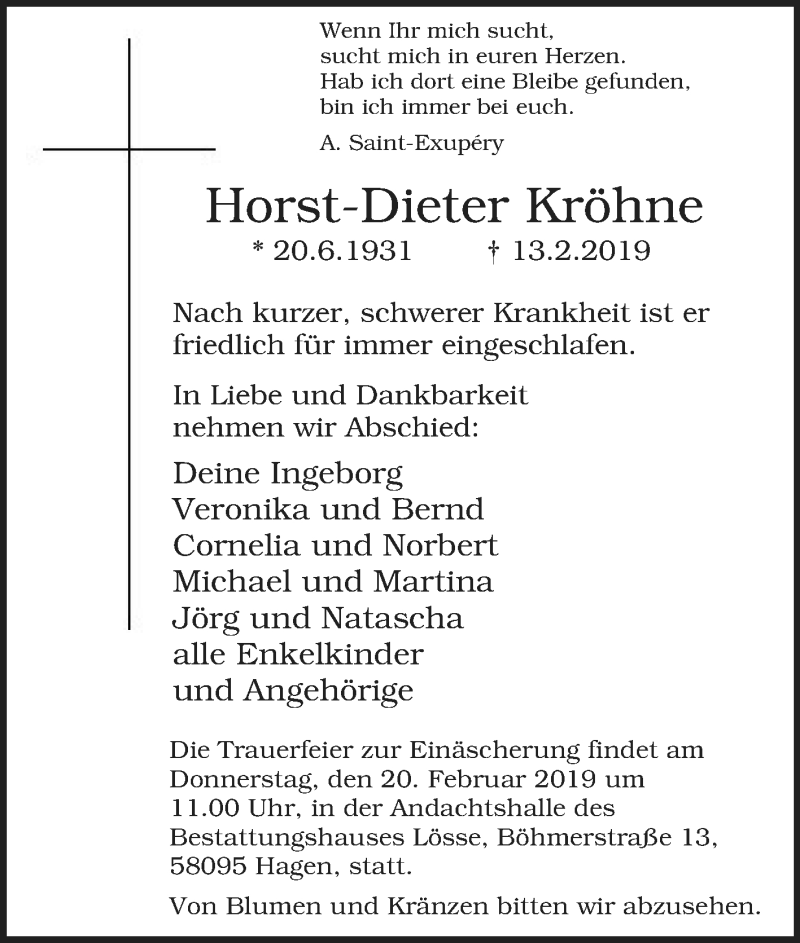  Traueranzeige für Horst-Dieter Kröhne vom 16.02.2019 aus Tageszeitung