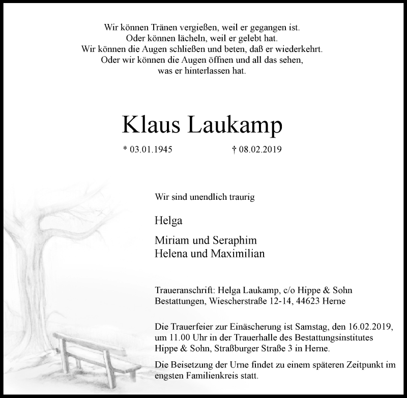  Traueranzeige für Klaus Laukamp vom 12.02.2019 aus Tageszeitung