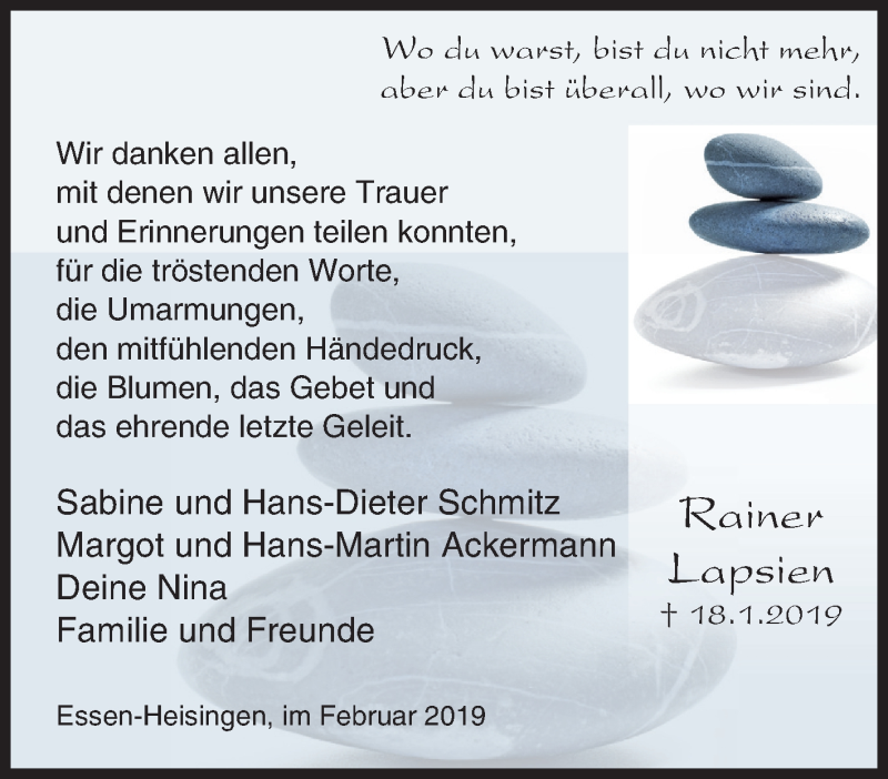  Traueranzeige für Rainer Lapsien vom 09.02.2019 aus Tageszeitung