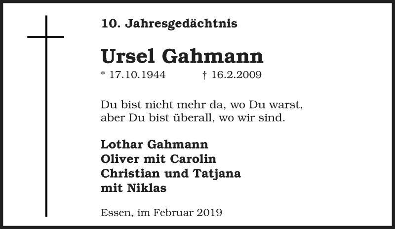  Traueranzeige für Ursel Gahmann vom 16.02.2019 aus Tageszeitung