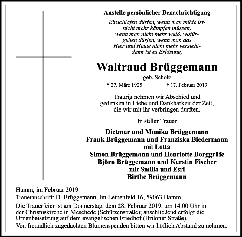  Traueranzeige für Waltraud Brüggemann vom 23.02.2019 aus Tageszeitung