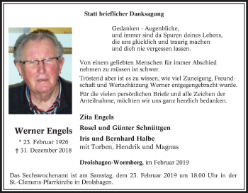 Traueranzeige von Werner Engels von Tageszeitung