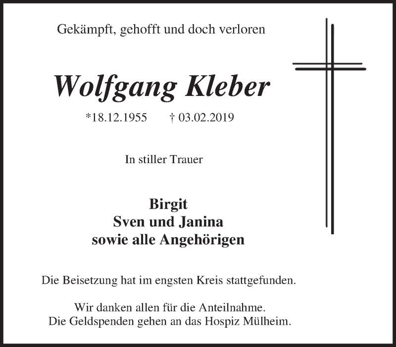  Traueranzeige für Wolfgang Kleber vom 23.02.2019 aus Tageszeitung