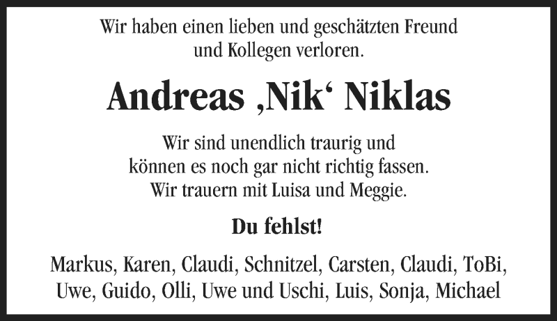  Traueranzeige für Andreas Niklas vom 02.03.2019 aus Tageszeitung