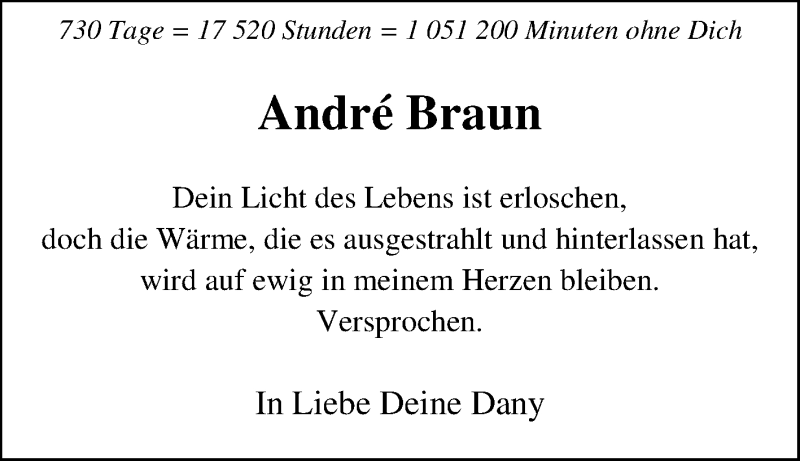  Traueranzeige für André Braun vom 11.03.2019 aus Tageszeitung
