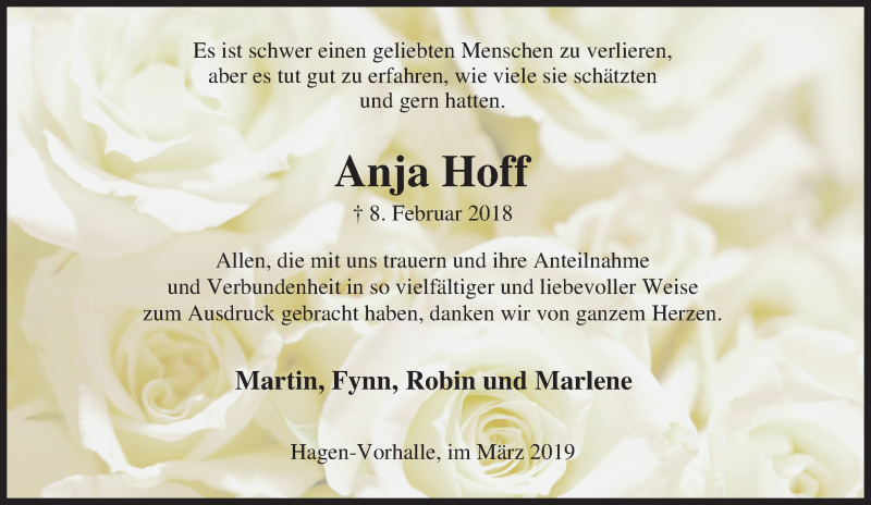  Traueranzeige für Anja Hoff vom 09.03.2019 aus Tageszeitung