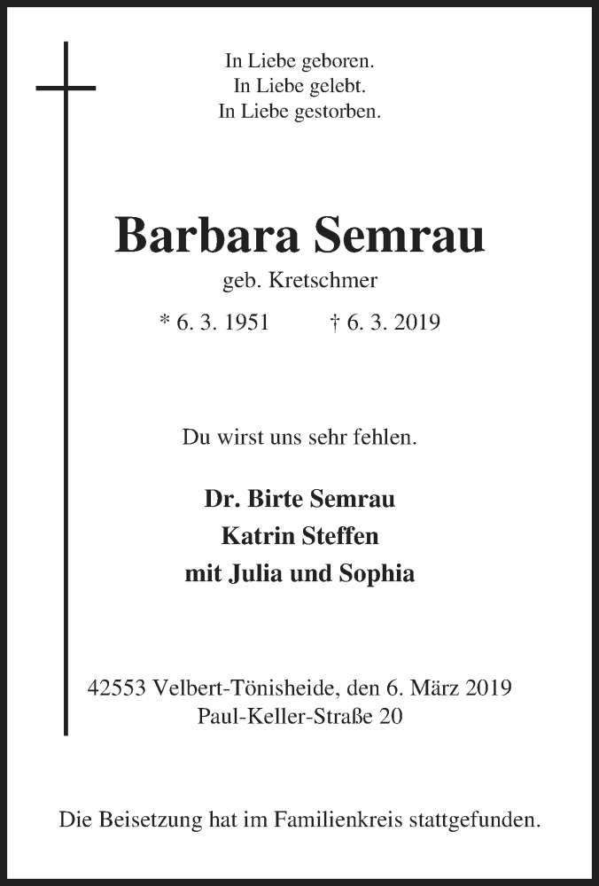  Traueranzeige für Barbara Semrau vom 14.03.2019 aus Tageszeitung