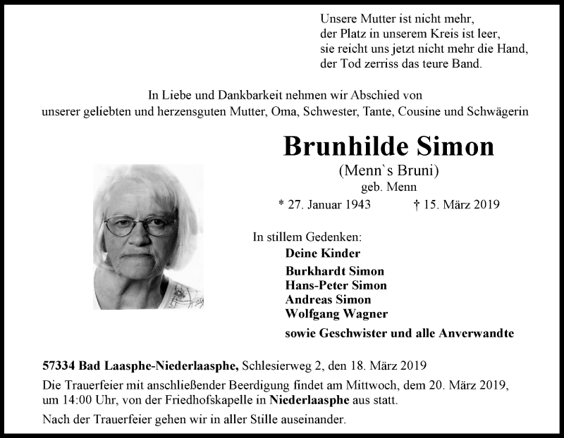  Traueranzeige für Brunhilde Simon vom 18.03.2019 aus Tageszeitung