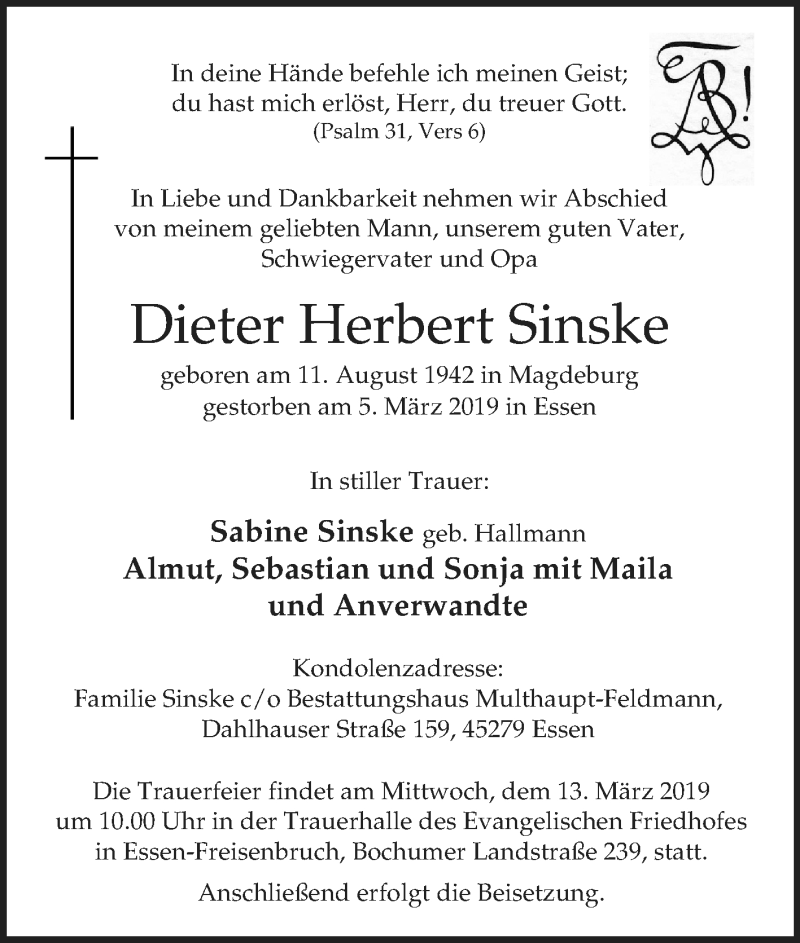  Traueranzeige für Dieter Herbert Sinske vom 09.03.2019 aus Tageszeitung