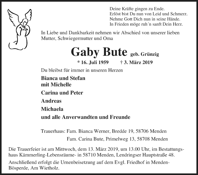  Traueranzeige für Gaby Bute vom 06.03.2019 aus Tageszeitung