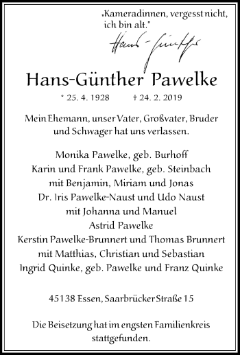 Traueranzeige von Hans-Günther Pawelke von Tageszeitung