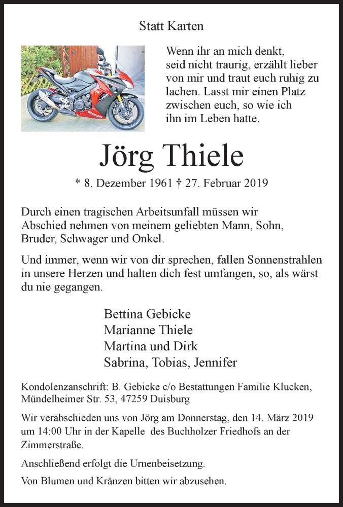  Traueranzeige für Jörg Thiele vom 09.03.2019 aus Tageszeitung