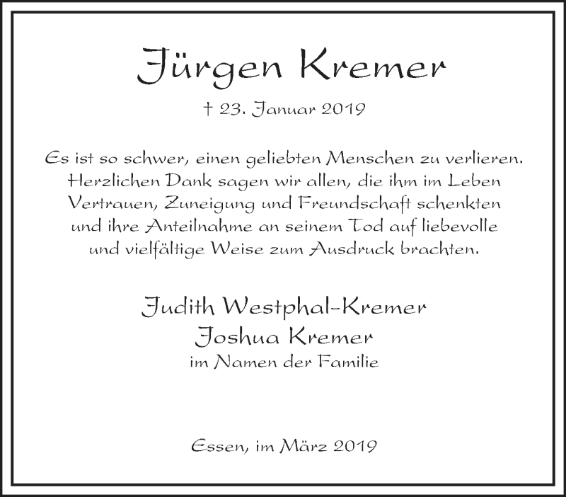 Traueranzeige für Jürgen Kremer vom 09.03.2019 aus Tageszeitung