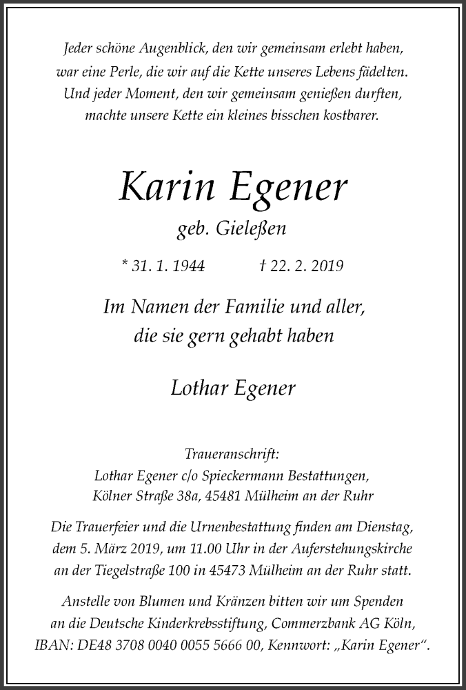  Traueranzeige für Karin Egener vom 02.03.2019 aus Tageszeitung