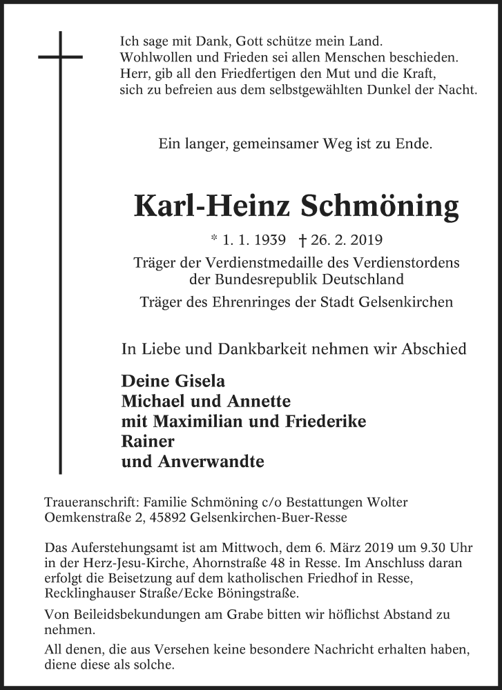  Traueranzeige für Karl-Heinz Schmöning vom 02.03.2019 aus waz