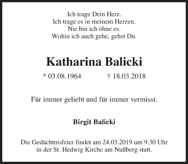  Traueranzeige für Katharina Balicki vom 18.03.2019 aus Tageszeitung