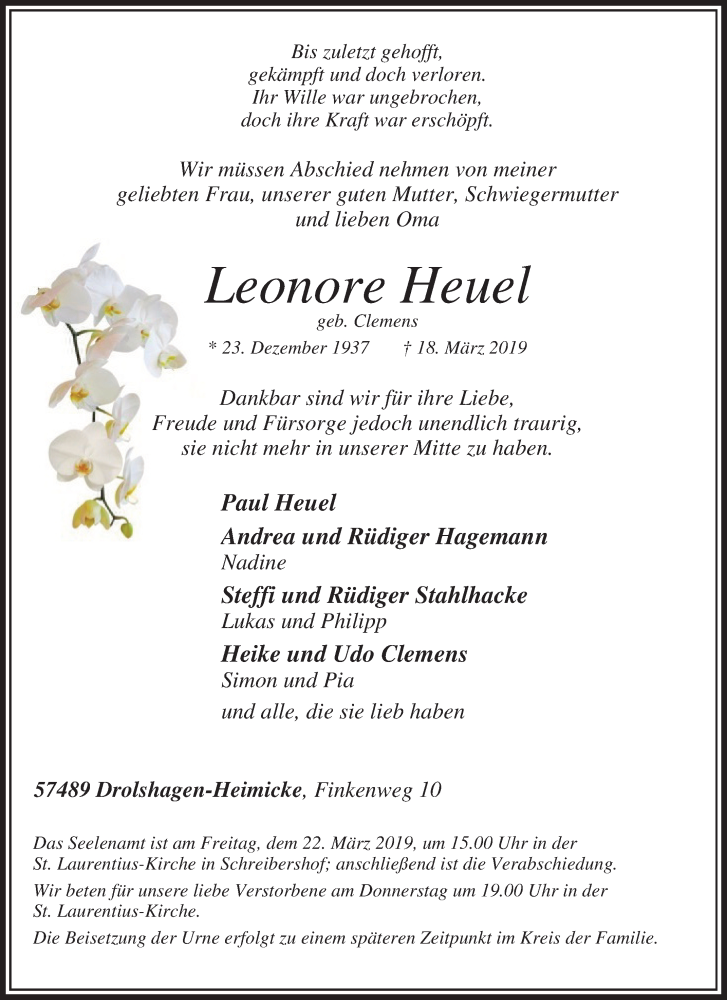  Traueranzeige für Leonore Heuel vom 20.03.2019 aus Tageszeitung