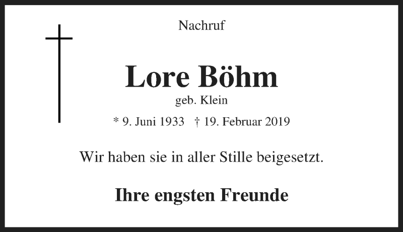  Traueranzeige für Lore Böhm vom 16.03.2019 aus Tageszeitung