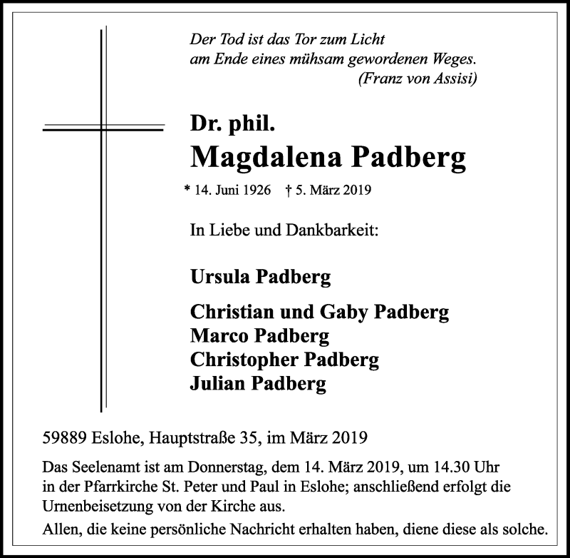  Traueranzeige für Magdalena Padberg vom 08.03.2019 aus waz