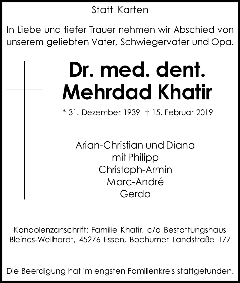  Traueranzeige für Mehrdad Khatir vom 02.03.2019 aus Tageszeitung