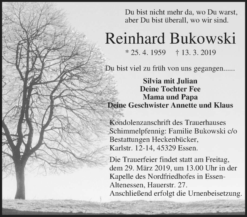  Traueranzeige für Reinhard Bukowski vom 23.03.2019 aus Tageszeitung