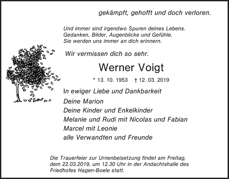  Traueranzeige für Werner Voigt vom 18.03.2019 aus Tageszeitung