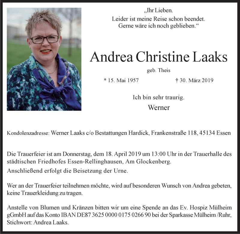  Traueranzeige für Andrea Christine Laaks vom 06.04.2019 aus Tageszeitung