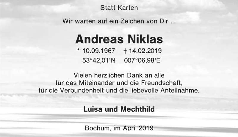  Traueranzeige für Andreas Niklas vom 13.04.2019 aus Tageszeitung