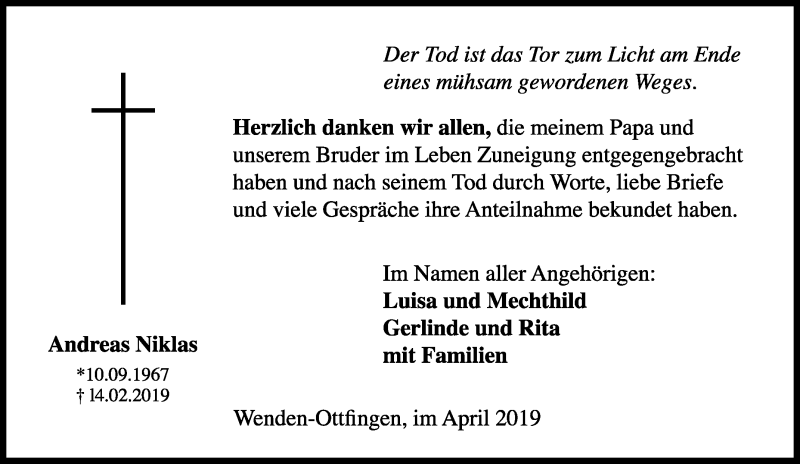  Traueranzeige für Andreas Niklas vom 15.04.2019 aus Tageszeitung