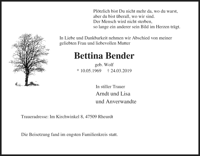  Traueranzeige für Bettina Bender vom 15.04.2019 aus Tageszeitung