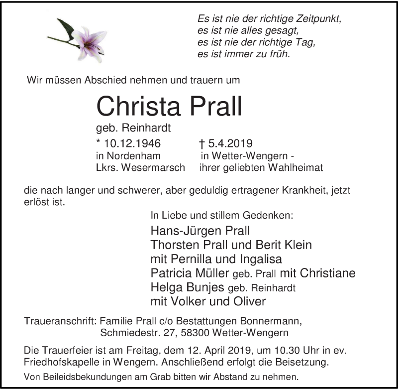  Traueranzeige für Christa Prall vom 10.04.2019 aus Tageszeitung