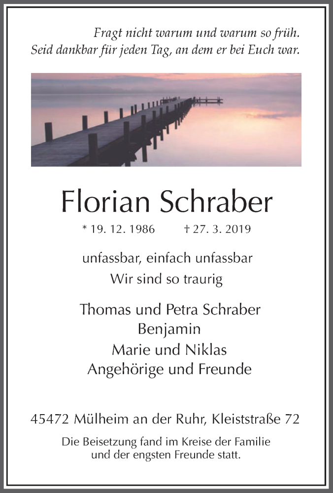  Traueranzeige für Florian Schraber vom 13.04.2019 aus Tageszeitung