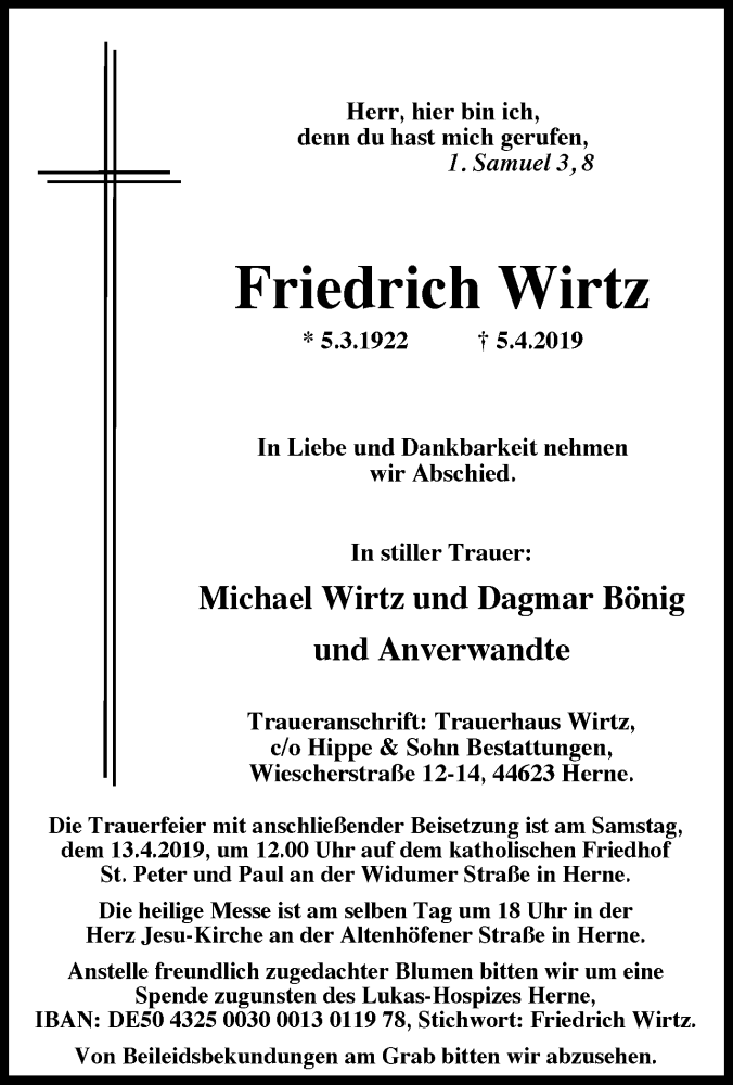  Traueranzeige für Friedrich Wirtz vom 10.04.2019 aus Tageszeitung