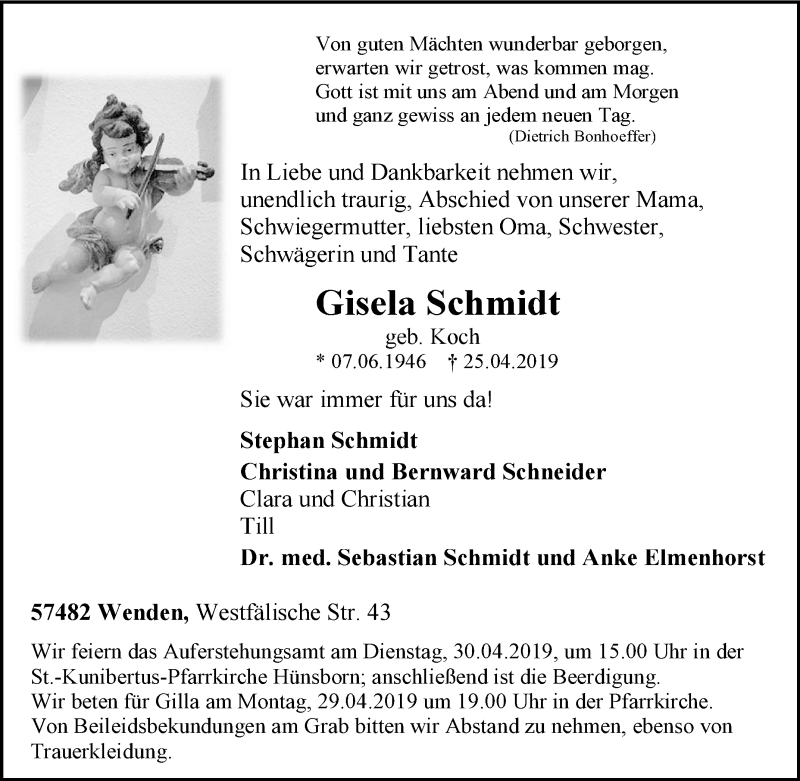  Traueranzeige für Gisela Schmidt vom 27.04.2019 aus Tageszeitung